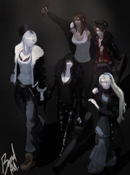 2boys 3girls absurdres alternate_universe band_(music) black_dress black_hair black_jacket blonde_hair bottle bra braid breasts brown_hair cassie_(shadow_slave) cleavage commentary cross cross_necklace dress effie_(shadow_slave) english_commentary full_body fur_collar glasses guitar_case hand_up hat headband highres holding holding_bottle holding_hands instrument_case jacket jewelry jiejiepen kai_(shadow_slave) lapels long_hair long_sidelocks looking_at_another multiple_boys multiple_girls necklace nephis_(shadow_slave) red_shirt shadow_slave shirt short_hair sidelocks smile smirk standing sunny_(shadow_slave) tank_top underwear walking white_hair white_tank_top