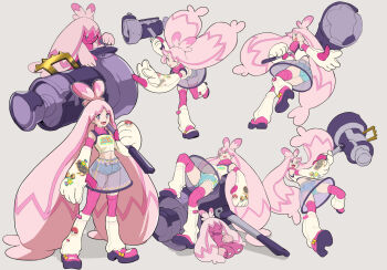 1girl :d blue_shorts closed_eyes commentary crop_top denim denim_shorts drooling grey_background hammer holding holding_hammer holding_weapon looking_at_viewer midriff mouth_drool multiple_views navel niihatigounana nintendo on_weapon one_eye_closed open_mouth over_shoulder personification pink_eyes pink_hair pink_thighhighs pokemon see-through_clothes see-through_skirt shoes shorts simple_background skirt sleeping smile thighhighs tinkaton ufo_skirt weapon weapon_over_shoulder