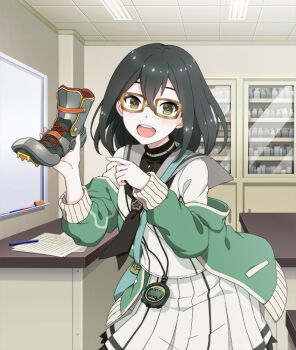 1girl :d armored_boots ayanokouji_martial_arts_school_uniform black_hair boots bottle breasts brown-framed_eyewear brown_eyes cabinet ceiling ceiling_light cowboy_shot desk dot_nose double-parted_bangs game_cg glasses green_jacket grey_boots grey_sailor_collar holding holding_boots holding_footwear holding_unworn_clothes indoors jacket long_sleeves looking_at_viewer medium_hair morishita_kihiro note off_shoulder official_art open_clothes open_jacket open_mouth paper pen pointing pointing_at_object rectangular_eyewear sailor_collar school_uniform serafuku shirt single_boot skirt small_breasts smile solo stopwatch stopwatch_around_neck teeth third-party_source tile_ceiling tiles toji_no_miko toji_no_miko:_kizamishi_issen_no_tomoshibi unworn_boots upper_teeth_only watch white_serafuku white_shirt white_skirt whiteboard