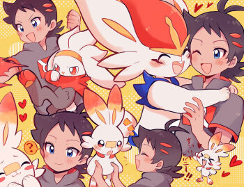 1boy ? antenna_hair black_hair blue_eyes buck_teeth cinderace clenched_hand closed_eyes gen_8_pokemon goh_(pokemon) grey_shirt heart highres holding holding_pokemon hug looking_at_another multiple_views nintendo one_eye_closed open_mouth pokemon pokemon_(anime) pokemon_(creature) pokemon_journeys raboot scorbunny shirt short_sleeves smile spiked_hair spoken_question_mark teeth tongue upper_body yataba yellow_background