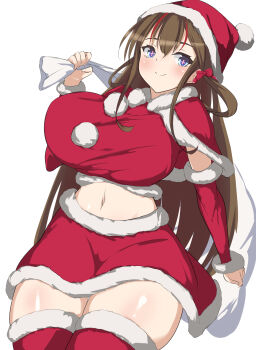 1girl ashino255 blue_eyes blush breasts brown_hair cape closed_mouth commentary_request curvy hat highres large_breasts long_hair multicolored_hair navel red_cape red_hair red_shirt red_skirt red_thighhighs sack santa_costume santa_hat senran_kagura senran_kagura_burst senran_kagura_burst_re:newal senran_kagura_estival_versus senran_kagura_shinovi_versus shirt sidelocks simple_background skirt smile solo standing streaked_hair thighhighs toki_(senran_kagura) two-tone_hair white_background wide_hips