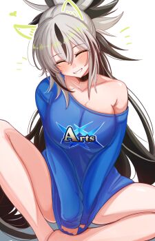 0nineo9 1girl absurdres alternate_costume animal_ears arts_shirt bare_shoulders black_hair blue_shirt blush breasts cat_ears choker closed_eyes collarbone fate/grand_order fate_(series) grin hair_between_eyes heart high_ponytail highres large_breasts long_hair long_sleeves multicolored_hair nagao_kagetora_(fate) off_shoulder ponytail shirt sidelocks sitting smile solo thighs two-tone_hair uesugi_kenshin_(first_ascension)_(fate) very_long_hair white_hair