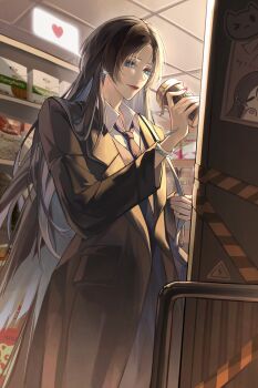 1girl absurdres bag black_coat black_hair black_necktie blue_eyes chi-mowangdaren666 chinese_commentary coat collared_shirt commentary_request cup disposable_coffee_cup disposable_cup highres holding holding_cup looking_at_viewer necktie path_to_nowhere shin_(path_to_nowhere) shirt shoulder_bag solo tentacles text_messaging