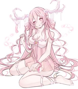 1girl absurdres antler_ornament antlers barefoot blossum_(vtuber) breasts cleavage commentary commission double-parted_bangs dress english_commentary flower full_body hair_between_eyes hair_flower hair_ornament highres holding holding_ribbon horn_flower horns indie_virtual_youtuber large_breasts long_hair looking_at_viewer panties parted_lips pink_dress pink_eyes pink_hair pink_panties pink_ribbon pink_theme pointy_ears ribbon rosheil see-through_clothes see-through_dress simple_background sitting solo symbol-shaped_pupils thigh_strap underwear very_long_hair virtual_youtuber wariza white_background