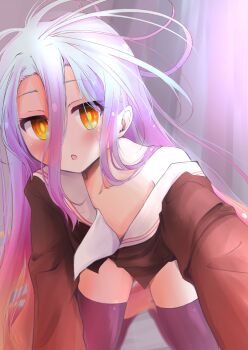 1girl :o absurdres all_fours backlighting black_thighhighs blue_hair blush brown_shirt clip_studio_paint_(medium) commentary curtains double-parted_bangs flat_chest foreshortening gradient_hair hair_between_eyes hair_over_shoulder highres indoors kemotaiyou long_hair long_hair_between_eyes long_sleeves looking_at_viewer messy_hair multicolored_hair no_game_no_life no_pants open_mouth paid_reward_available pink_hair pov purple_hair reaching reaching_towards_viewer sailor_collar shiro_(no_game_no_life) shirt sidelocks single_bare_shoulder solo thighhighs very_long_hair white_sailor_collar yellow_eyes yellow_pupils