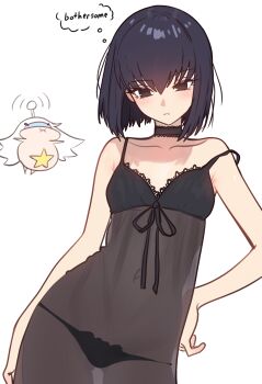 2girls absurdres babydoll bad_link bare_shoulders black_babydoll black_eyes black_hair blush breasts chibi choker covered_navel ebora english_text fate/grand_order fate_(series) highres kuonji_alice lace_trim looking_at_viewer mahou_tsukai_no_yoru melusine_(fate) multiple_girls panties short_hair small_breasts speech_bubble thought_bubble underwear