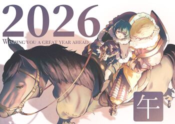 2026 2boys animal armor black_boots black_capelet blonde_hair blue_eyes boots brown_coat capelet coat commentary_request english_text father_and_son faulds fire_emblem fire_emblem:_three_houses from_above fur-trimmed_capelet fur_trim green_hair holding holding_reins horse horseback_riding jeralt_reus_eisner looking_at_another looking_up male_byleth_(fire_emblem) male_focus multiple_boys nintendo reins riding shield shield_on_back short_hair un_faro