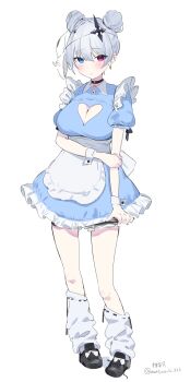 Rule 34 | 1girl, absurdres, apron, arms under breasts, black choker, blue eyes, blush, breasts, character mask, choker, cleavage, cleavage cutout, clothing cutout, cross, cross-shaped pupils, cross hair ornament, crossed arms, cuff links, earrings, frilled apron, frills, grey hair, hair ornament, heart cutout, heterochromia, highres, inverted cross, jewelry, knife, large breasts, loafers, looking at viewer, loose socks, mask, mattyazuki, neo-porte, pink eyes, puffy short sleeves, puffy sleeves, shoes, short sleeves, skirt, socks, solo, symbol-shaped pupils, tentei forte, triangle earrings, virtual youtuber, waist apron, waitress, white background, white socks