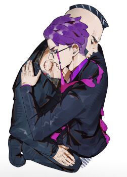 2boys bite_mark biting black_hair black_jacket black_pants black_shirt black_suit blood_on_mouth closed_eyes closed_mouth collared_shirt corbeau_(pokemon) formal_clothes glasses hands_on_another&#039;s_shoulders hands_on_own_thighs highres jacket male_focus mohawk multiple_boys nintendo pants philippe_(pokemon) pokemon pokemon_legends:_z-a purple_hair purple_shirt shirt short_hair shu0718 sideburns simple_background suit suit_jacket undercut white_background yaoi yellow_eyes