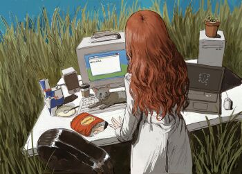 1girl absurdres black_cat can cat cat_on_keyboard chair chips_(food) commentary computer computer_mouse cowboy_shot day desk english_commentary english_text facing_away food from_behind gold_can grass highres lab_coat long_hair long_sleeves looking_at_another microsoft_windows neon_genesis_evangelion original outdoors plant potted_plant red_bull red_hair seele_(evangelion) solo speaker standing window_(computing) windows_xp