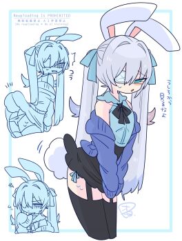 1boy :/ :o animal_ears annoyed bare_shoulders black_ribbon black_skirt black_thighhighs blue_bow blue_cardigan blue_eyes blue_hair blue_panties blue_shirt blue_theme blush bow cardigan choker closed_mouth clothes_lift collar collarbone collared_shirt colored_tips commentary covering_crotch covering_privates cowboy_shot crossdressing crossdressing_(mtf) embarrassed eyepatch fang flipped_hair frilled_collar frilled_shirt_collar frills from_behind furrowed_brow garter_straps hair_between_eyes hair_bow hair_intakes hand_up highres leaning_forward lifted_by_tail lifting_own_clothes long_hair long_sleeves looking_back male_focus medical_eyepatch miniskirt multicolored_hair multiple_views narrowed_eyes neck_ribbon no_nose off_shoulder op_na_yarou open_cardigan open_clothes original panties parted_lips partially_colored quad_tails rabbit_boy rabbit_ears rabbit_tail raised_inner_eyebrows red_hair ribbon rigel_(op_na_yarou) shirt side-tie_panties sidelocks simple_background skirt skirt_lift sleeveless sleeveless_shirt sleeves_past_fingers sleeves_past_wrists standing straight_hair sweatdrop tail tail_raised thighhighs thighs trap underwear upper_body v-shaped_eyebrows very_long_hair watermark white_background white_hair