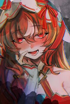 1girl absurdres animal_ears bare_shoulders blush bow breasts brown_hair commentary_request ear_covers ear_ribbon hagioshi hair_between_eyes half-closed_eyes hand_on_own_cheek hand_on_own_face highres long_hair looking_at_viewer multicolored_hair nose_blush open_mouth red_eyes red_ribbon ribbon simple_background solo still_in_love_(umamusume) streaked_hair umamusume upper_body veil white_hair