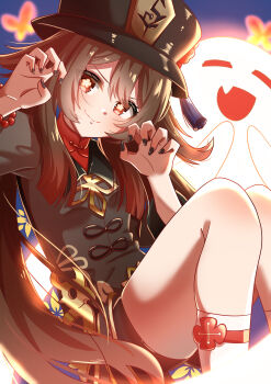 1girl 1other absurdres black_hat black_nails black_shirt boo_tao_(genshin_impact) brown_hair bug butterfly claw_pose commentary_request feet_out_of_frame fingernails flower-shaped_pupils genshin_impact ghost hair_between_eyes haru_same_(naraken_sika3939) hat highres hu_tao_(genshin_impact) insect jewelry light_blush long_hair long_sleeves looking_at_viewer nail_polish parted_lips ring shirt smile socks symbol-shaped_pupils teeth thick_thighs thighs very_long_hair watermark white_socks