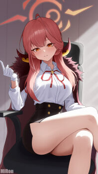 1girl absurdres aru_(blue_archive) ass black_skirt blue_archive bow bowtie breasts brown_coat buttons chair coat coat_on_shoulders collared_shirt commentary_request crossed_legs demon_girl demon_horns fur-trimmed_coat fur_trim gloves hair_between_eyes halo high-waist_skirt highres horns large_breasts long_hair long_sleeves looking_at_viewer mi_rong_abmiron office_chair open_clothes open_coat orange_eyes parted_lips pencil_skirt red_bow red_bowtie red_hair red_halo school_uniform shirt side_slit sidelocks sitting skirt smile solo swivel_chair thighs white_gloves white_shirt