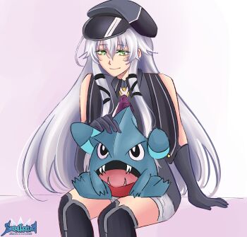 1girl absurdres altina_orion artist_logo black_gloves black_thighhighs closed_mouth commission crossover double-parted_bangs eiyuu_densetsu flat_cap gen_4_pokemon gible gloves gradient_background green_eyes hair_between_eyes hat highres logo long_hair neckerchief nintendo on_lap pink_background pokemon pokemon_(creature) pokemon_on_lap purple_neckerchief sen_no_kiseki sen_no_kiseki_(series) sen_no_kiseki_iv seralalaaa shorts simple_background sleeveless smile solo thighhighs two_side_up upper_body white_hair