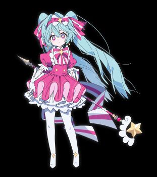Rule 34 | 1girl, aqua hair, back ribbon, black background, bow, bow hairband, bowtie, brooch, commentary, contrapposto, dress, expressionless, frilled dress, frills, full body, gloves, hair intakes, hair ribbon, hairband, hatsune miku, highres, ima sugu rinne (vocaloid), jewelry, long hair, mage staff, magical girl, pink bow, pink bowtie, pink dress, pink eyes, pink hairband, pink ribbon, puffy short sleeves, puffy sleeves, ribbon, short sleeves, simple background, solo, sparkle, sparkle hair ornament, staff, standing, star-shaped pupils, star (symbol), star wand, symbol-shaped pupils, twintails, two-tone bow, two-tone bowtie, two-tone ribbon, very long hair, vocaloid, white bow, white bowtie, white gloves, white ribbon, yagidon