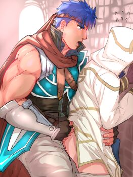 Rule 34 | 2boys, against wall, anal, bahamuto1, bara, blue eyes, blue hair, cape, clothed sex, clothes pull, commentary request, commission, fire emblem, fire emblem: radiant dawn, fire emblem heroes, headband, highres, hood, hood up, hooded coat, ike (fire emblem), ike (vanguard legend) (fire emblem), kiran (fire emblem), male focus, male kiran (fire emblem), multiple boys, muscular, muscular male, nintendo, pants, pants pull, pixiv commission, red cape, red headband, sex, standing, standing sex, textless version, variant set, yaoi