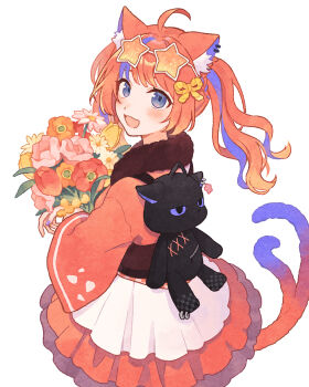 1girl ahoge animal_bag animal_ear_fluff animal_ear_piercing animal_ears apron backpack bag blue_eyes blue_hair blue_nails blush bouquet braid cat_bag cat_ears cat_girl cat_tail checkered_clothes cowboy_shot eyewear_on_head flower frilled_skirt frills from_behind fur_collar gradient_hair gradient_tail hair_ornament highres holding holding_flower japanese_clothes kimono kimono_skirt layered_skirt long_hair long_sleeves looking_at_viewer looking_back multicolored_hair multiple_tails nahara_saki nail_polish nekomata nekoyashiki_miku nijisanji obi open_mouth orange-tinted_eyewear orange_hair red_hair red_kimono rope sash shimenawa simple_background skirt smile solo standing star-shaped_eyewear star_(symbol) streaked_hair sunglasses tail tinted_eyewear twintails twintails_with_braided_base two_tails virtual_youtuber waist_apron white_apron white_background wide_sleeves