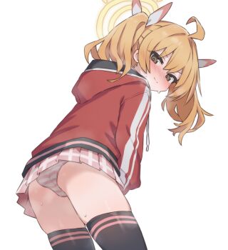 1girl ahoge aku0 angry arms_at_sides ass black_thighhighs blue_archive blush blush_visible_through_hair bow brown_eyes closed_mouth cowboy_shot drawstring embarrassed from_behind from_below hair_bow halo highres hood hood_down hoodie leaning_forward light_smile loli long_sleeves looking_at_viewer looking_back miniskirt nose_blush orange_hair paid_reward_available panties pantyshot pink_panties pink_skirt pleated_skirt puffy_long_sleeves puffy_sleeves red_hoodie simple_background skirt smell solo standing striped_clothes striped_panties thighhighs turning_head twintails two-tone_panties underwear upskirt v-shaped_eyebrows white_background white_bow white_panties yellow_halo yoshimi_(blue_archive)