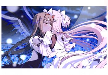 Rule 34 | 2girls, akemi homura, asukaru (magika ru), black gloves, black hair, border, bow, braid, closed mouth, dated, dress, frilled dress, frills, gloves, hair bow, hairband, highres, hug, kaname madoka, long hair, long sleeves, mahou shoujo madoka magica, mahou shoujo madoka magica (anime), multiple girls, pink hair, red hairband, signature, two side up, ultimate madoka, upper body, white border, white bow, white dress, white gloves