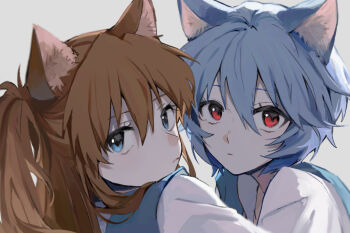 2girls animal_ears ayanami_rei blue_eyes brown_hair dango_(uni_520) expressionless fur hair_between_eyes long_hair looking_back multiple_girls neon_genesis_evangelion pale_skin pout red_eyes sailor school_uniform short_hair simple_background souryuu_asuka_langley tokyo-3_middle_school_uniform twintails upper_body very_long_hair white_background