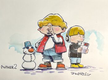 2boys akahanadragon blonde_hair blush_stickers boots brothers bucket copyright_name earmuffs full_body gameboy hair_over_eyes jacket mother_(series) mother_2 multiple_boys nintendo nose_picking open_mouth overalls picky_minch porky_minch siblings smile snowman winter_clothes