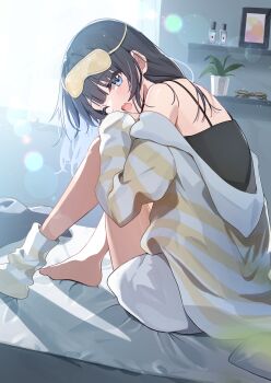 1girl black_hair blue_eyes commentary_request eyewear_on_head highres light_particles long_hair looking_at_viewer off_shoulder one_eye_closed original pajamas plant potted_plant single_sock sleep_mask socks solo striped_clothes striped_pajamas striped_socks vertical-striped_clothes vertical-striped_pajamas vertical-striped_socks yawning yushima