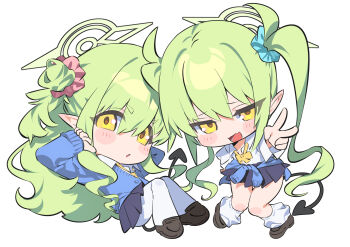 2girls :d :o blue_archive blue_skirt blue_sweater blush_stickers bow bowtie brown_shoes chibi chibi_only clothes_around_waist collared_shirt demon_tail fang full_body green_hair green_halo hair_between_eyes hair_ornament hair_scrunchie halo highres hikari_(blue_archive) long_hair long_sleeves looking_at_viewer loose_socks miniskirt multiple_girls nozomi_(blue_archive) open_mouth pantyhose pleated_skirt school_uniform scrunchie shirt shoes siblings sidelocks simple_background sisters sitting skin_fang skirt smile socks standing sweater sweater_around_waist tail tanghulu_(bbbb1123112) thick_eyebrows twins twintails v white_background white_pantyhose white_shirt white_socks yellow_bow yellow_bowtie yellow_eyes