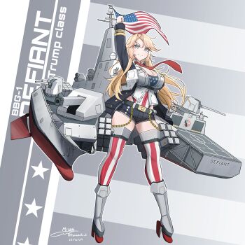 2024_attempted_assassination_of_donald_trump absurdres american_flag belt blonde_hair blue_eyes breasts cannon cleavage commentary_request donald_trump highres large_breasts long_hair long_sleeves mecha_musume micro_shorts military necktie original personification railgun red_necktie rigging rocket_launcher shorts striped_clothes striped_thighhighs teisei_misagi thighhighs uss_defiant_(bbg-1) vertical-striped_clothes vertical-striped_thighhighs weapon
