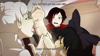 3girls absurdres barefoot black_hair blake_belladonna blush bow cape english_text feet_up foot_focus foot_worship hair_bow highres holding_another&#039;s_foot indoors kiryu_(pixiv44966832) legs_up licking_foot multicolored_hair multiple_girls red_cape ruby_rose rwby shoes sitting skirt soles solo steaming_body toes unworn_shoes weiss_schnee