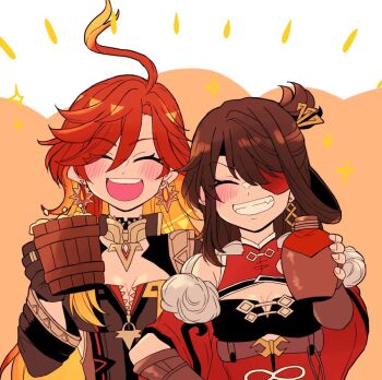 Rule 34 | 2girls, ahoge, beidou (genshin impact), blush, bodysuit, brown hair, closed eyes, commentary request, cup, detached sleeves, dress, drink, earrings, eyepatch, facing viewer, fangs, fingerless gloves, genshin impact, gloves, grin, hair between eyes, holding, holding cup, hzv jp, jewelry, long hair, long sleeves, mavuika (genshin impact), mug, multicolored hair, multiple girls, open mouth, orange hair, parted bangs, partially unzipped, red hair, smile, straight-on, two-tone hair, upper body, very long hair, wooden cup, zipper, zipper pull tab