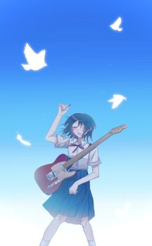 1girl :d arm_up bird black_hair blue_skirt blue_sky closed_eyes collared_shirt commentary_request dai_(5_29) dove dress_shirt electric_guitar feet_out_of_frame fender_telecaster fretless_guitar fretless_instrument futsuu_no_keion-bu guitar guitar_strap hatono_chihiro highres holding holding_plectrum instrument name_connection neck_ribbon object_namesake open_mouth outdoors pleated_skirt plectrum red_ribbon ribbon school_uniform shirt shirt_tucked_in short_hair short_sleeves skirt sky smile socks solo standing summer_uniform white_bird white_shirt white_socks wing_collar