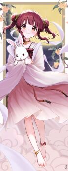 Rule 34 | 1girl, absurdres, anklet, barefoot, brown eyes, brown hair, chinese clothes, cloud, double bun, flower, full body, full moon, hair bun, highres, idolmaster, idolmaster cinderella girls, jewelry, jia wenyuan, looking at viewer, moon, ogata chieri, rabbit, smile, solo