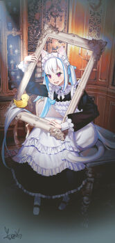 1girl :d animal_ears apron arm_up bench bird black_dress black_shoes blue_hair blue_ribbon cat_ears cat_tail commentary_request dress empty_picture_frame frilled_apron frilled_dress frills full_body hair_ribbon highres holding holding_picture_frame indoors kemonomimi_mode light_rays lize_helesta lize_helesta_(9th_costume) long_dress long_hair long_sleeves looking_at_viewer maid maid_apron maid_headdress mary_janes monocle multicolored_hair name_tag neck_ribbon nijisanji on_bench open_mouth picture_frame puffy_long_sleeves puffy_sleeves purple_eyes ribbon sebastian_piyodore shoes sidelocks signature sitting sleeve_cuffs smile socks streaked_hair sunbeam sunlight tail teeth th@nk twintails two-tone_hair very_long_hair virtual_youtuber white_apron white_hair white_headdress white_ribbon white_socks white_tail yellow_bird