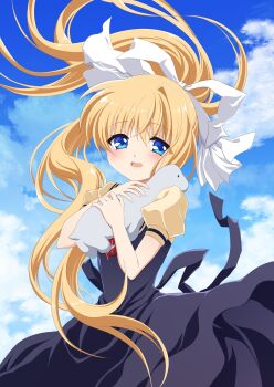 Rule 34 | 1girl, absurdres, air (visual novel), black dress, blonde hair, blue eyes, blue sky, cloud, cowboy shot, dress, hair ribbon, highres, hugging doll, hugging object, ikeda jun (aquaqua), kamio misuzu, long hair, long sidelocks, looking at viewer, open mouth, ponytail, puffy sleeves, ribbon, school uniform, shirt, short sleeves, sidelocks, sky, smile, solo, stuffed dinosaur, summer uniform, yellow shirt