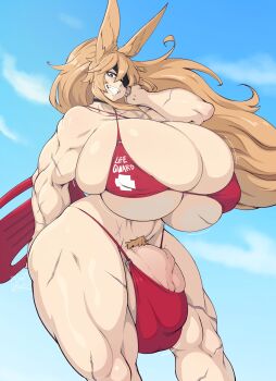 Rule 34 | 1futa, absurdres, bikini, blonde hair, blue eyes, breasts, bursting breasts, choker, cleavage, collarbone, curvy, deumosden, eyepatch, final fantasy, final fantasy xiv, futanari, gigantic breasts, highres, huge penis, huge testicles, lifeguard, long hair, motion lines, muscular, muscular female, muscular legs, penis, ponytail, pubic hair, rabbit ears, red bikini, scar, skindentation, sky, smile, solo, swimsuit, testicles, thighs, uncensored, velyn (veyllure), viera, wide hips