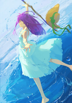 1girl aash4i absurdres alternate_costume aqua_dress barefoot bright_pupils closed_mouth colorful dress fern_(sousou_no_frieren) floating_hair foot_out_of_frame green_ribbon hat hat_ribbon highres long_hair looking_at_viewer looking_to_the_side mage_staff outstretched_arms purple_eyes purple_hair ribbon sleeveless sleeveless_dress solo sousou_no_frieren spread_arms staff straw_hat sundress turning_head unworn_hat unworn_headwear water water_drop white_pupils