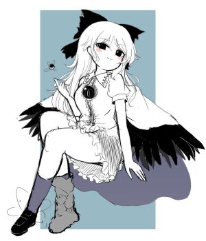 1girl asymmetrical_footwear atom azuma_meri black_bow blush bow cape center_frills closed_mouth commentary frilled_skirt frills greyscale hair_bow highres long_hair looking_at_viewer mismatched_footwear monochrome reiuji_utsuho shoes short_sleeves sitting skirt smile solo third_eye touhou