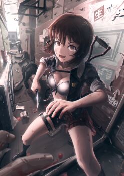 1girl 4boys absurdres alley bike_shorts black_boots black_jacket blood bloody_knife boots bra breasts brown_eyes brown_hair chiita_(idolmaster) commentary commentary_request day death english_commentary hagiwara_yukiho highres holding holding_knife huira444 idolmaster idolmaster_(classic) injury jacket knife korean_commentary looking_at_viewer mixed-language_commentary multiple_boys open_clothes open_jacket open_mouth outdoors pov pov_hands short_hair shovel skirt solo_focus standing thigh_strap torn_clothes torn_skirt underwear white_bra