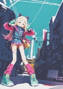 1girl absurdres animal_ear_hairband animal_ears aqua_gloves aqua_shoes bag belt black_belt blonde_hair blue_jacket blue_shorts blush cat_ears chi_(luckyeric320) commentary_request double_v emoji fake_animal_ears flipped_hair from_below full_body gakuen_idolmaster gloves gradient_clothes gradient_hair gradient_jacket gradient_shorts hairband hands_up highres idolmaster jacket long_hair long_sleeves looking_at_viewer loose_socks miracle_na_now!_(idolmaster) multicolored_hair multicolored_jacket multicolored_shorts open_mouth orange_eyes osaka_(city) outdoors parted_bangs pigeon-toed pink_hair pink_jacket pink_shorts pink_socks pleading_face_emoji puffy_sleeves real_world_location road shinosawa_hiro shoes short_shorts shorts shoulder_bag smile sneakers socks solo standing sticker_on_leg street tower tsuutenkaku v yellow_bag zipper zipper_pull_tab