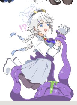 !? 1girl ahoge black_pantyhose blue_archive blue_eyes blue_halo boots braid bright_pupils chest_harness dress eldritch_abomination food gloves grey_dress hair_ornament hairclip halo harness hat highres jacket kirino_(blue_archive) looking_down necktie nose_shade open_mouth pancake pantyhose police police_hat police_uniform policewoman purple_necktie restrained shirt simple_background slimy solo sweatdrop tentacles twin_braids twintails uni_gyoza white_background white_boots white_gloves white_hair white_jacket white_pupils white_shirt