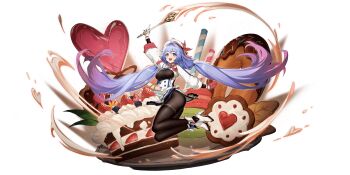 1girl :d absurdres ankle_boots arm_up beret black_pantyhose blue_hair bodystocking boots bow breast_cutout breasts buttons cake chloe_(rememento) cookie donut double-breasted dress floating_hair food from_side fruit full_body gloves gradient_hair hand_up hat hat_bow heart high_heels highres holding holding_whisk jumping large_breasts legs_up long_hair long_sleeves low_twintails macaron mittens multicolored_hair official_art open_mouth oversized_food oversized_object pantyhose pelvic_curtain pink_hair plate purple_eyes red_bow red_mittens rememento:_white_shadow short_dress single_glove single_mitten smile solo strawberry strawberry_cake thighband_pantyhose transparent_background twintails very_long_hair wafer_stick whipped_cream whisk white_boots white_dress white_gloves white_hat