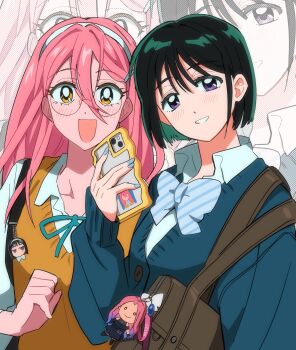 2girls 4zw89qkqagggcf7 alien_stage bag black_hair blue_bow blue_bowtie blue_cardigan blue_nails blush bow bowtie brown_bag cardigan cellphone character_charm charm_(object) collared_shirt commentary diagonal-striped_bow diagonal-striped_bowtie diagonal-striped_clothes glasses hair_between_eyes hairband highres holding holding_phone long_hair long_hair_between_eyes looking_at_viewer mizi_(alien_stage) multiple_girls open_mouth orange_eyes orange_sweater_vest phone pink_hair purple_eyes shirt short_hair shoulder_bag smartphone smile striped_bow striped_bowtie striped_clothes sua_(alien_stage) sweater_vest upper_body white_hairband white_shirt zoom_layer