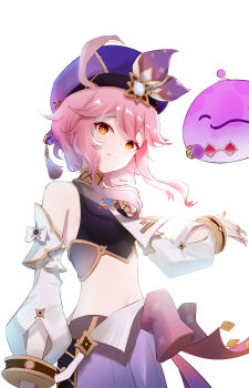 1girl absurdres ahoge beret black_shirt blob breasts brown_eyes commentary_request crop_top detached_sleeves dori_(genshin_impact) flower-shaped_pupils genshin_impact hand_up hat highres jinni_(genshin_impact) long_hair long_sleeves looking_at_viewer navel pants pink_hair puffy_long_sleeves puffy_sleeves purple_hat purple_pants qixia shirt simple_background sleeveless sleeveless_shirt smile solo symbol-shaped_pupils tassel unworn_eyewear vision_(genshin_impact) white_background white_sleeves