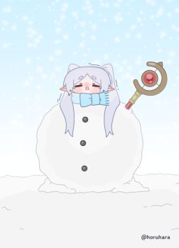 Rule 34 | 1girl, absurdres, blue scarf, blue sky, blush, chibi, closed eyes, cold, commentary, elf, english commentary, frieren, grey hair, highres, horuhara, long hair, mage staff, no nose, nose blush, open mouth, outdoors, parted bangs, pointy ears, scarf, sky, snowball, snowing, solo, sousou no frieren, staff, tearing up, thick eyebrows, trembling, twintails, twitter username, very long hair