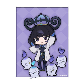 1girl :o arm_up belt belt_buckle black_dress black_hair black_pantyhose black_shoes blue_gloves blunt_bangs bob_cut border buckle chibi chibi_only coat dress eyelashes full_body gen_5_pokemon gloves gwynn_(pokemon) hat litwick long_sleeves looking_at_viewer nintendo o-ring o-ring_belt open_clothes open_coat open_mouth outside_border pantyhose partially_fingerless_gloves pokemon pokemon_(creature) pokemon_legends:_z-a purple_background purple_eyes shoes short_hair standing torinoko06 twitter_username white_border white_coat