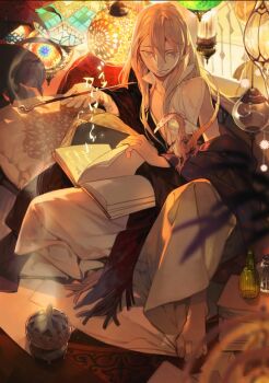 Rule 34 | 1boy, animal on arm, armillary sphere, barefoot, black shawl, blonde hair, blurry, book, book stack, bottle, chinese commentary, cushion, depth of field, dragon, fringe trim, full body, grey eyes, hair between eyes, hanging light, holding, holding book, holding smoking pipe, incense burner, indoors, knee up, lantern, lips, long hair, long sleeves, looking at viewer, male focus, open book, original, plant, plunging neckline, popped collar, robe, rug, runes, shawl, shishio (shishio5431), single sleeve, sitting, small dragon, smile, smoke, smoking pipe, solo, upturned eyes, white robe, window