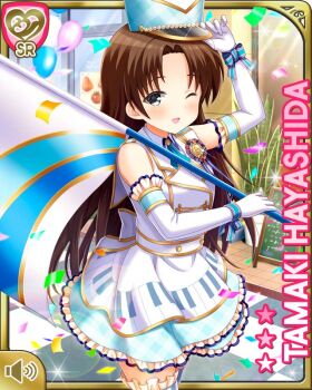 1girl :d black_eyes bow bowtie brown_hair card_(medium) character_name girlfriend_(kari) hayashida_tamaki jacket long_hair looking_at_viewer official_art open_mouth plaid_clothes plaid_skirt pleated_skirt qp:flapper raised_inner_eyebrows shirt skirt smile solo white_shirt