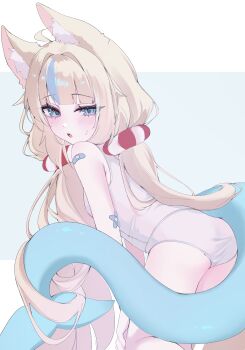 1girl absurdres ahoge animal_ear_fluff animal_ears ass bandaid blonde_hair blue_eyes blue_streaks cat_ears chedisu commentary english_commentary fins fish_tail from_behind highres indie_virtual_youtuber leaning_forward lifebuoy_ornament long_hair looking_back low_twintails multicolored_hair one-piece_swimsuit open_mouth petite sameko_saba solo streaked_hair swimsuit tail thighs twintails virtual_youtuber white_one-piece_swimsuit
