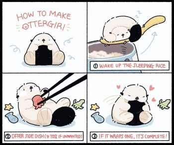 :o animal_focus arrow_(symbol) black_border black_eyes border bowl chopsticks closed_eyes commentary english_commentary english_text fish food heart how_to motion_lines no_humans numbered octopus onigiri original rice_bowl sea_otter seabokk shadow sleeping solid_circle_eyes squid star_(symbol) white_background zzz